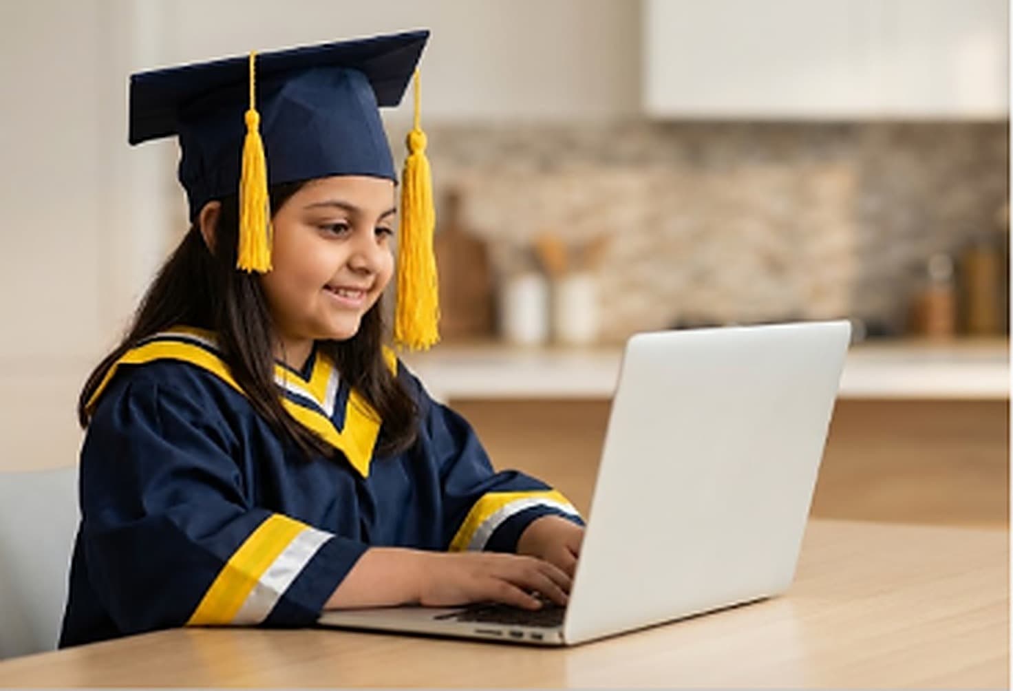 A young student celebrating academic achievement with BTX Educators, working on a laptop